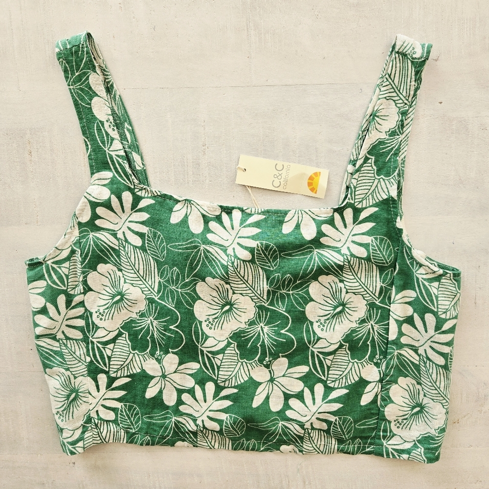 C&C California Green White Hibiscus Floral Sleeveless Crop Top Size Medium NWT